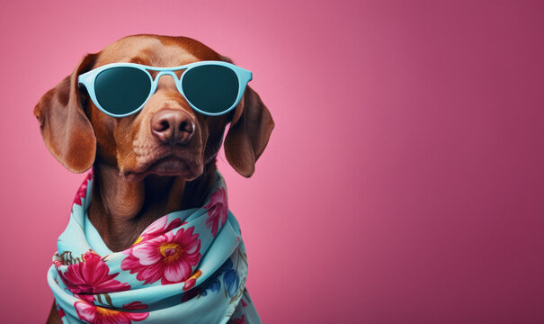 Cool looking dog wearing funky fashion skarf and blue sun glasses. Wide banner with space for text right side. Stylish animal posing as supermodel.