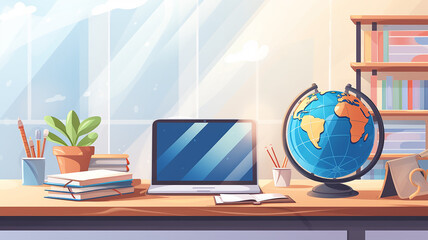 illustration, complex background global education, laptop and international learning system