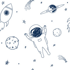 Hand drawn happy astronaut, planets and stars in cute childish doodle style on white background seamless pattern.