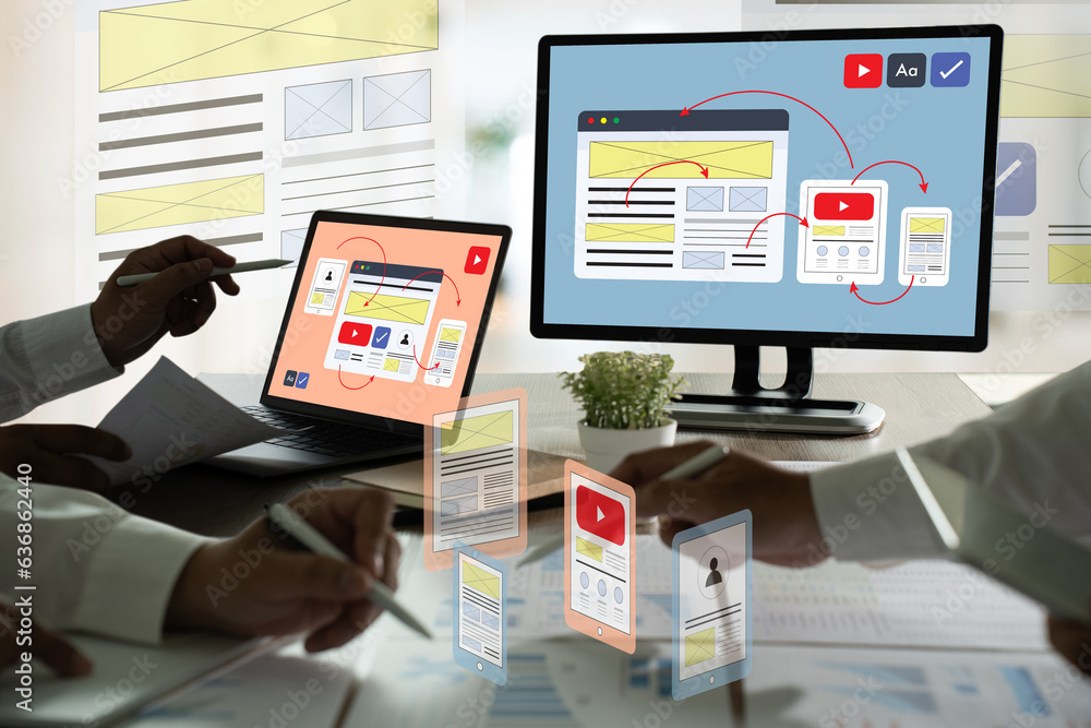 Aufkleber digital marketing businessman hand working with computer ui designer brainstorming social network, s