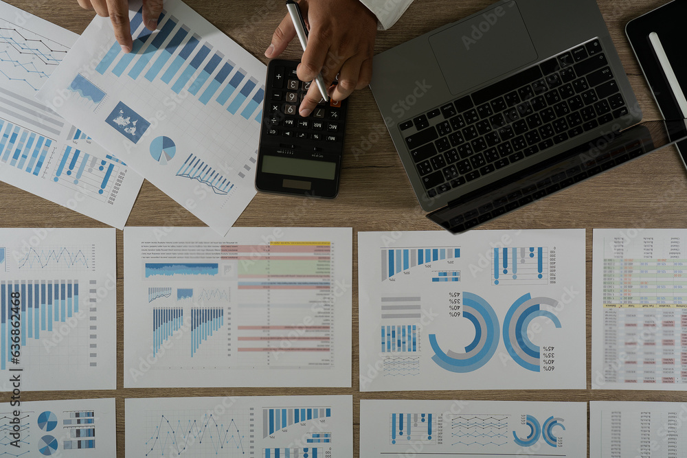 Poster businessman working data document graph chart report chart suitable for financial investment analyzi