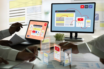 digital marketing businessman hand working with computer UI designer brainstorming social network,...