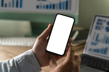 businessman holding a blank screen smartphone mobile with blank screen blank for your advertising text message communication background workplace job copy space
