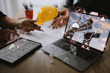 Engineer architect industry 4.0 using tablet construction site, industrial and innovation...