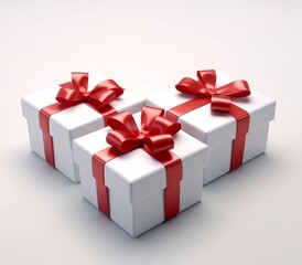 White Gift Boxes with Red Ribbon on White Studio Background