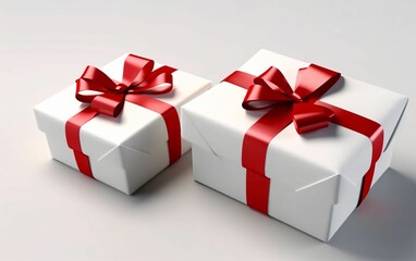 White Gift Boxes with Red Ribbon on White Studio Background