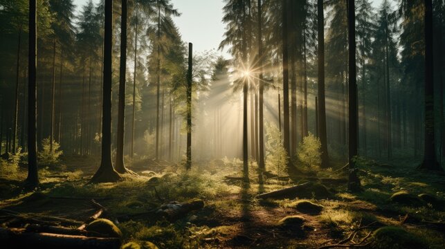 An enticing image of a serene forest clearing in an overhead shot, with sunlight filtering through the trees and illuminating the area