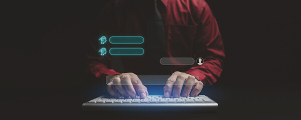 Person typing message on application talking to AI or artificial intelligence, conversation with future artificial intelligence, artificial intelligence technology, automated chatbot. ChatGPT concept.
