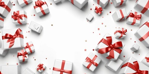 White Gift Boxes with Red Ribbon on White Studio Background
