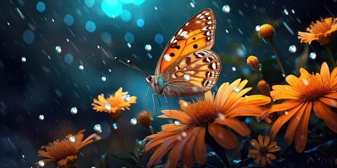 illustration of colorful butterfly with flowers in the rain, generative AI