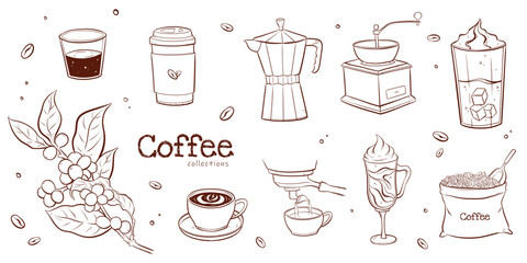 Coffee element hand drawn vector illustrations line art collection.