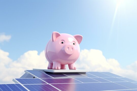 Solar panel with piggy bank for saving. 3D illustration. Generative AI
