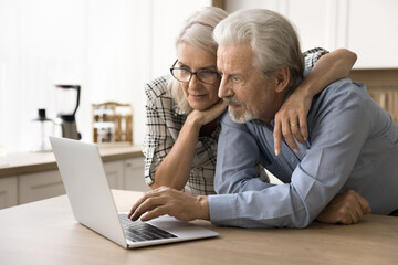 Focused elderly senior couple using online application, service on laptop at home together. Mature wife hugging older freelance husband working at computer on business project