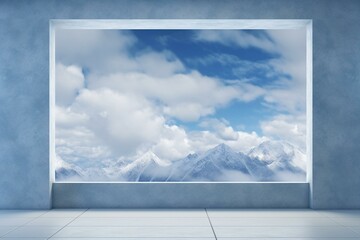 Wall with large window showing mountains in the background and blue sky with clouds. Generative AI