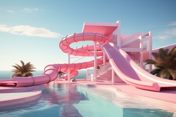 Visualization of pink water slide and pool from different angles. Generative AI
