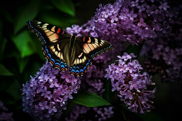 A beautiful blend of purple blooms and delicate winged creatures. Mother nature's exquisite artwork. Generative AI