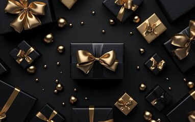 Fototapeta na wymiar Black Gift Boxes with Gold Ribbon on Black Studio Background