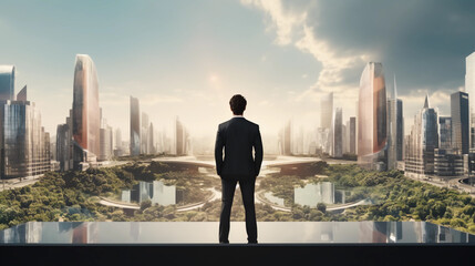 Fototapeta premium Visionary Businessman Observing the Future World Camp Project's Architecture