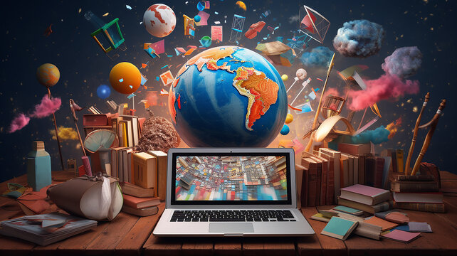 illustration, complex background global education, laptop and international learning system