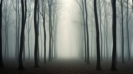 Obraz premium landscape mystical white fog in the autumn depressive forest, sadness loneliness mood