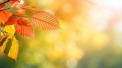 autumn abstract background, elm branch with yellow leaves on a background with a copy  space, october sky