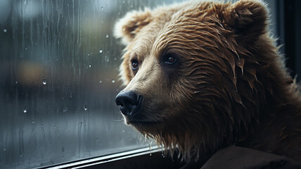 a bear in an atmosphere of loneliness rain and autumn depression
