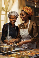 Generative AI illustration of couple of beautiful black women cooking together