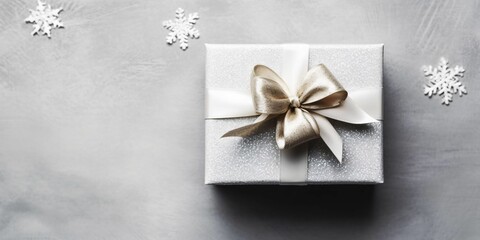 Silver Gift Box on White Background. Christmas Present