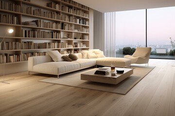 Contemporary lounge with light wooden flooring. Generative AI