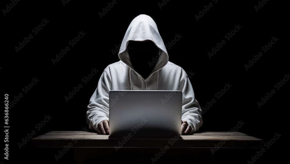 Poster anonymous hacker in hoodie using computer laptop for organizing massive cyber attack extreme closeup