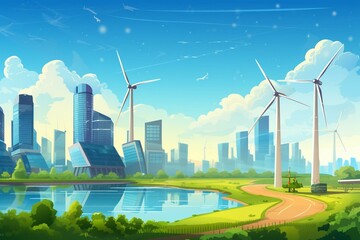 Renewable energy with windmills and solar panels in city skyline. Generative AI