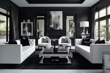 Sophisticated black and white living area adorned with luxurious furniture and decorative accents. Generative AI