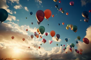 Schilderijen op glas Sky with floating balloons represents possibilities and imagination. Generative AI © Xiomara