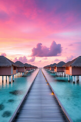 Wooden walkway leading to a bungalow in the ocean - obrazy, fototapety, plakaty