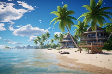 Beach paradise with palm trees, sunny skies, bungalow, and pristine waters. Generative AI