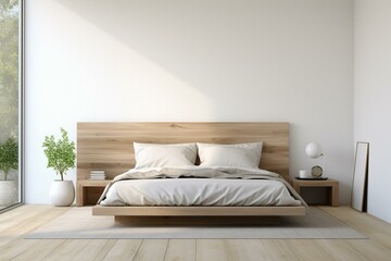 Peaceful and minimalistic bedroom with a platform bed, white bedding, simple wooden headboard, neutral palette, natural light, and empty wall. Generative AI