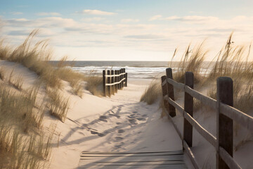 A path to the beach with old wooden fences and sand dunes