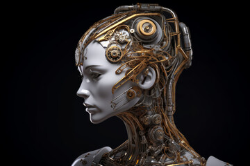 AI Concept. Robot Womans Futuristic Head with a Computer Circuit Board extreme closeup. Generative AI