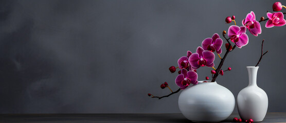 Blooming pink orchid against a dark wall. Simple elegant floral arrangement.