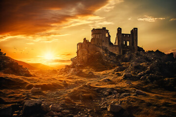 Fototapeta premium Ruined ancient castle in sunset, on the top of the hill, with sun behind