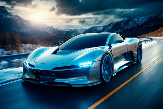 A Blue Futuristic Sports Car Speeding Down A Curved Road On The Mountains