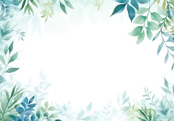 green leaves and flowers in watercolor background