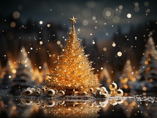 Golden Christmas Tree with Sparkling Lights
