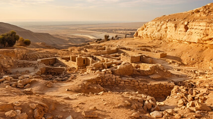 Old-fashioned settlement in a hot, deserted area, showcasing the decaying, eroded remains of an ancient civilization's architectural heritage