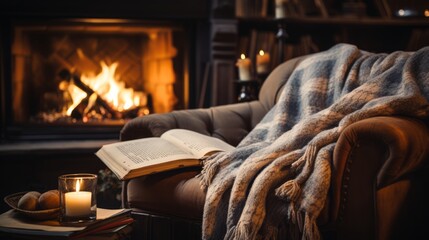 cozy fireplace scene with warm blanket and book on nearby chair