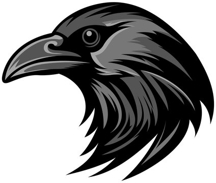 Crow head emblem. Mascot raven logo bird illustration isolated on white. Image of predator portrait for company use or tattoo.