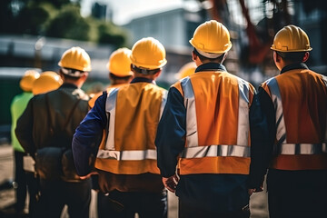 Back view group of construction engineer team in standard safety looking at the building in the construction site