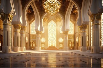 Interior design of a grand mosque with opulent golden decor. Generative AI