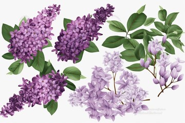 Isolated png of lilac flowers and leaves. Generative AI