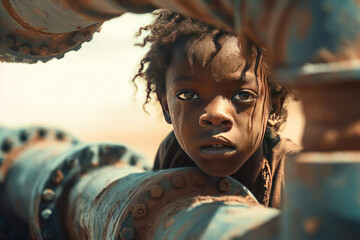 African boy, lack of water. Post processed AI generated image.